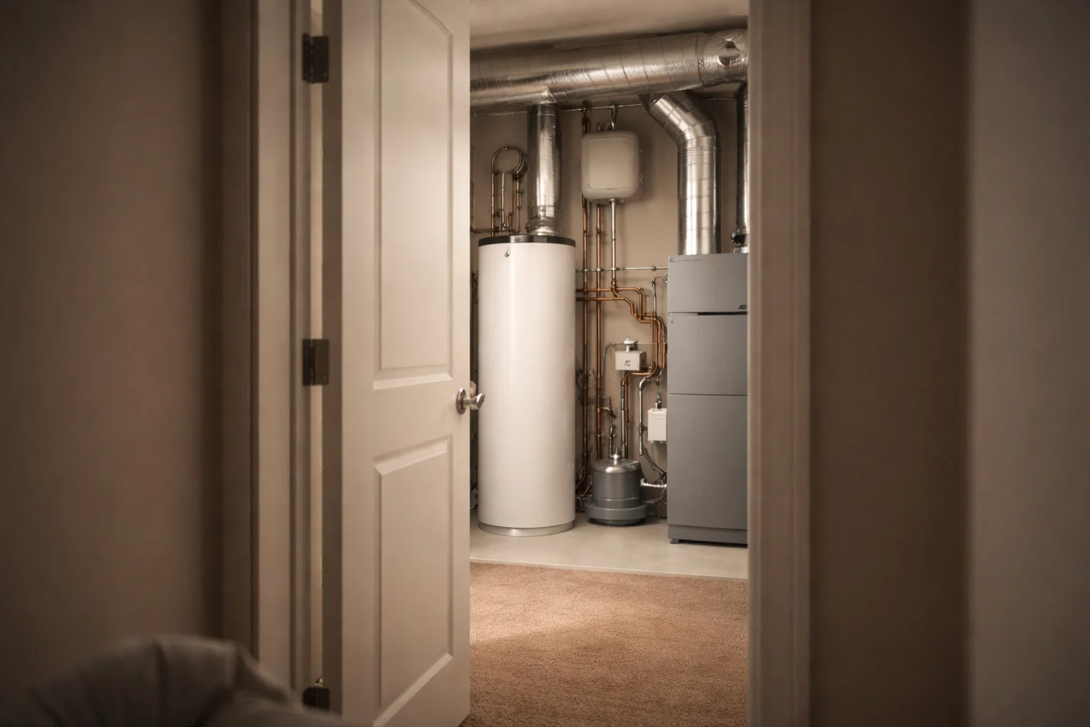 View toward a home’s mechanical area during a showing, representing how agents approach talking about energy features with buyers without technical detail or guarantees.
