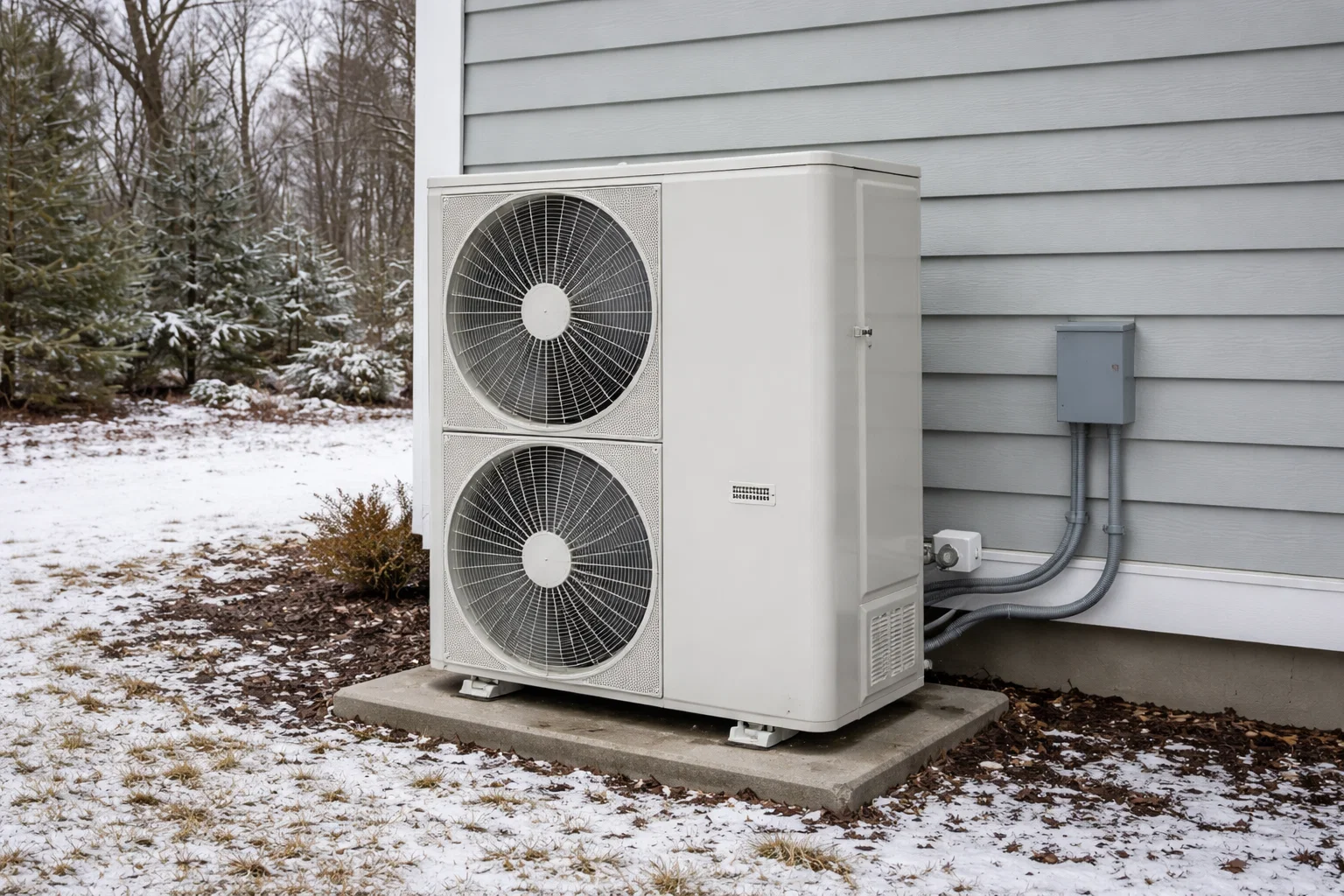Outdoor heat pump system installed beside a Connecticut home during winter under overcast conditions.