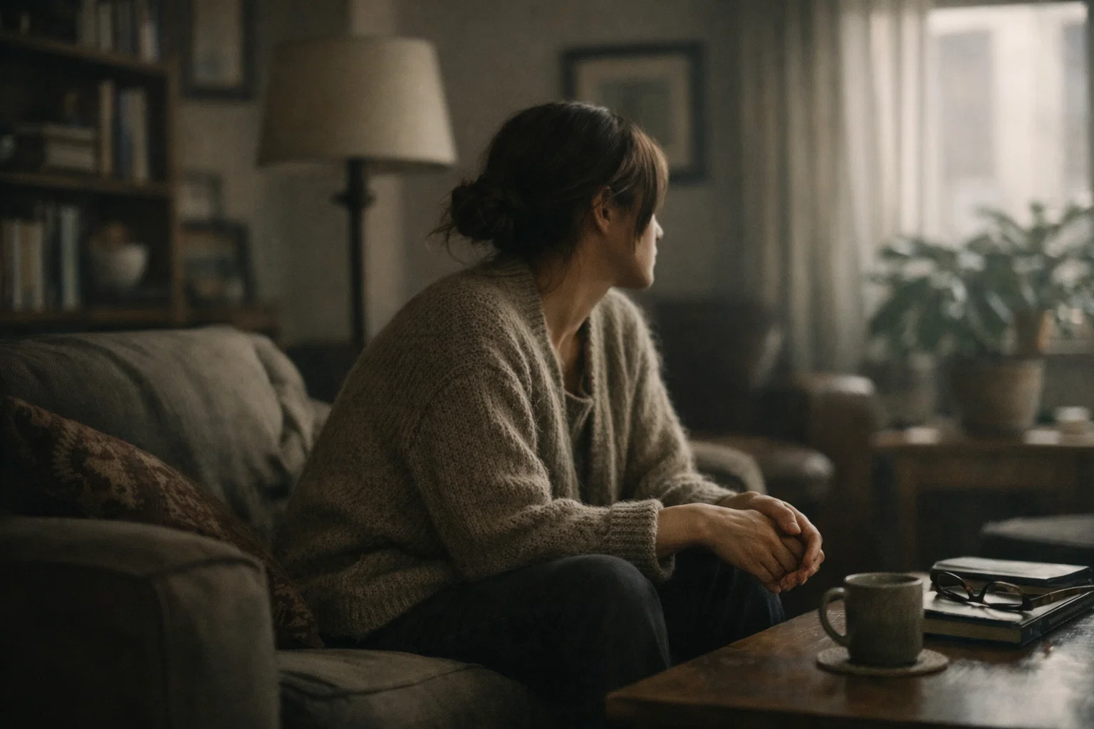 Person sitting on a couch in a softly lit living room, looking toward a window with a mug and books on a nearby table.