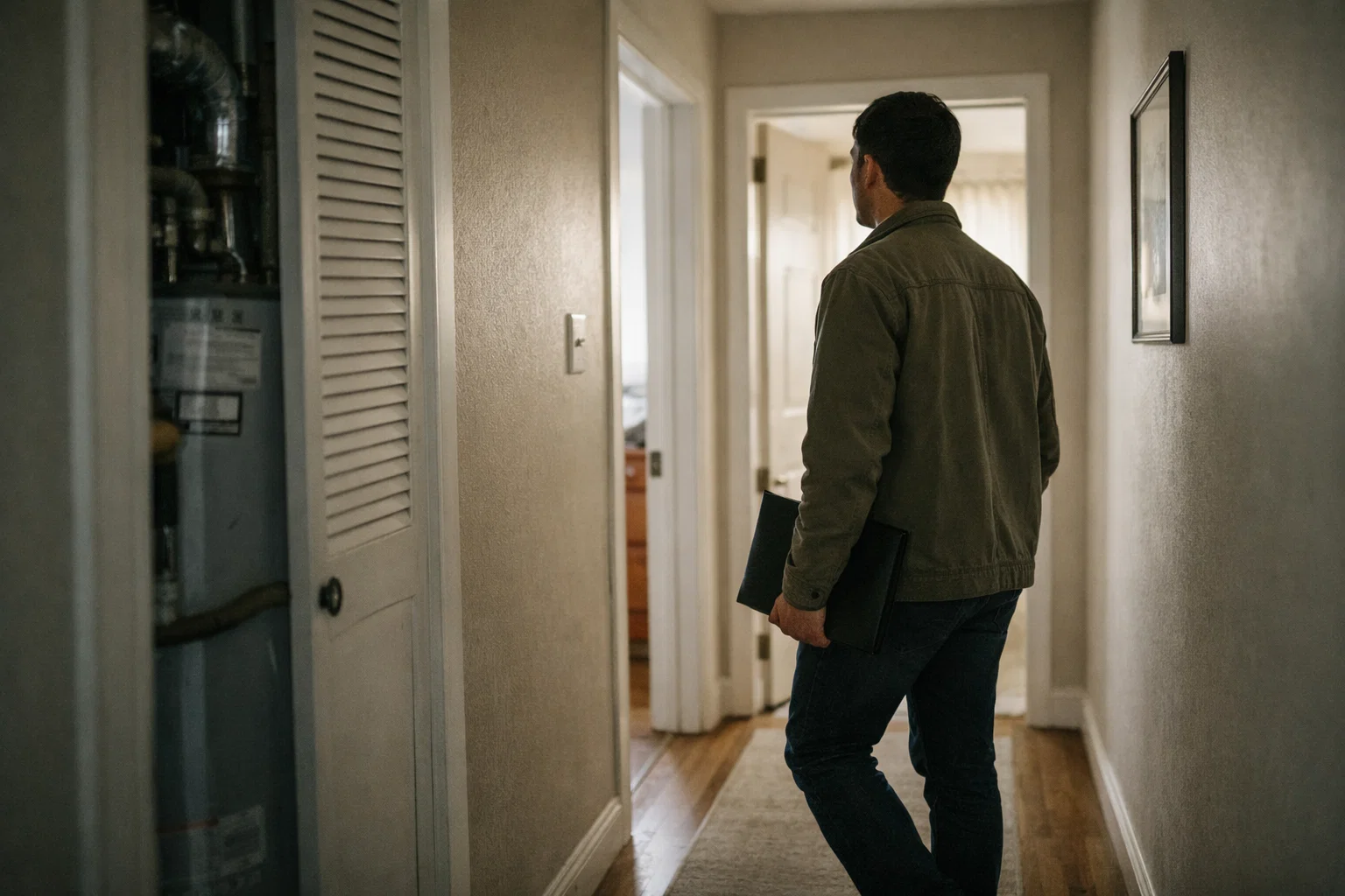 Buyer pausing in a residential hallway during a home showing, illustrating the moment when questions about systems and comfort often arise.