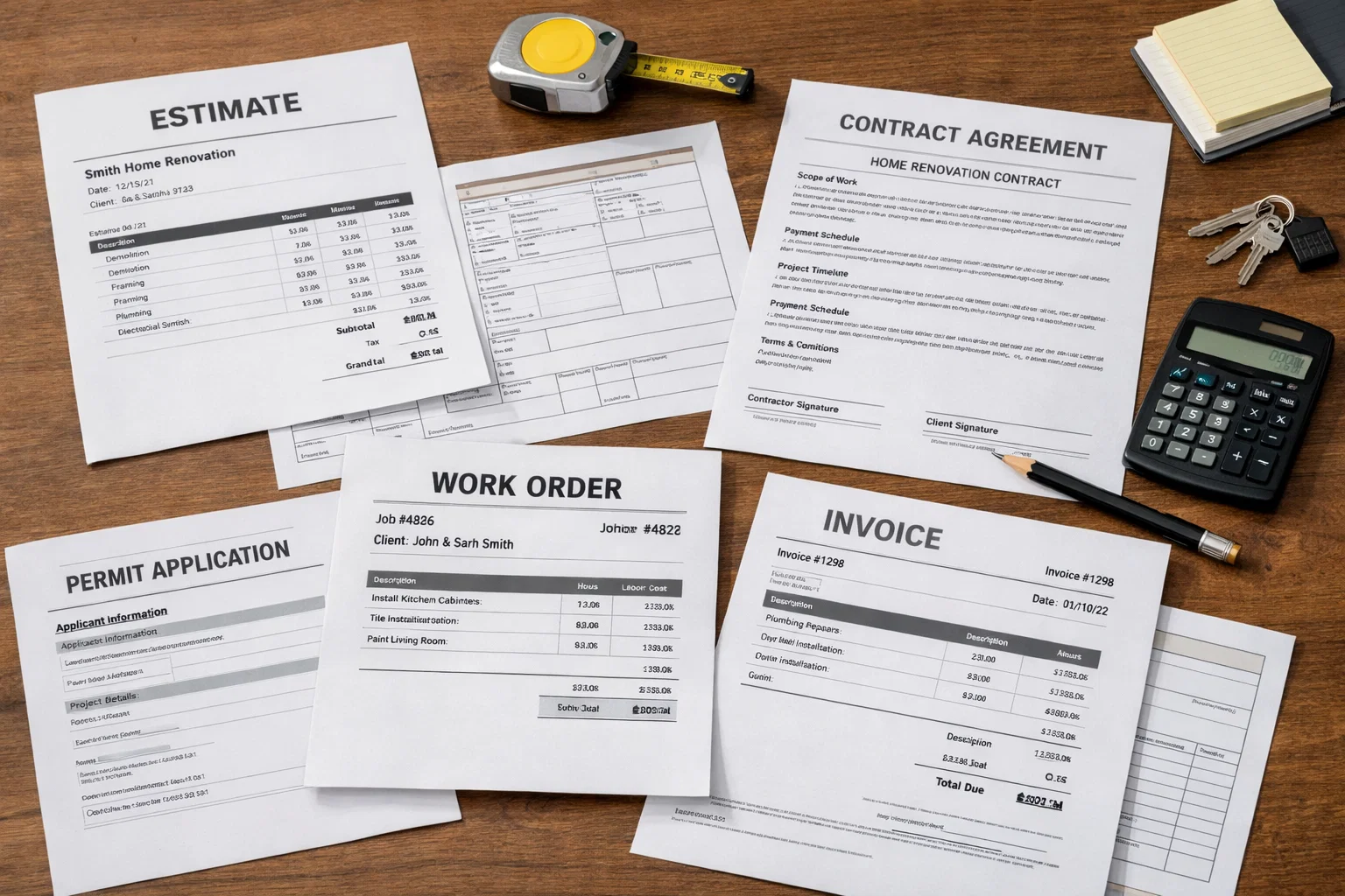 Home improvement invoices and contractor records organized neatly on a table.