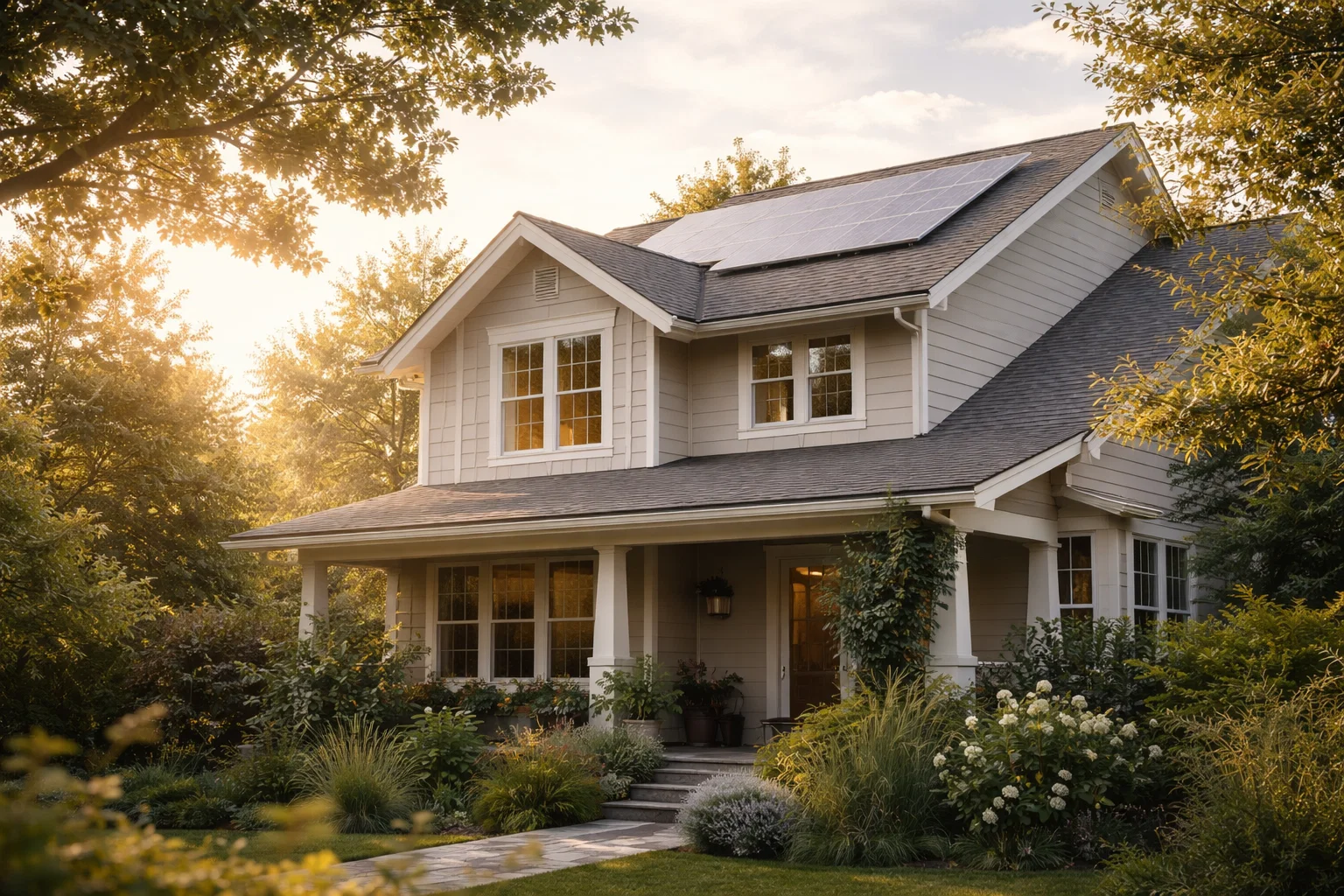 Single-family home with rooftop solar panels, illustrating how agents can explain energy features to buyers in plain, visual terms.