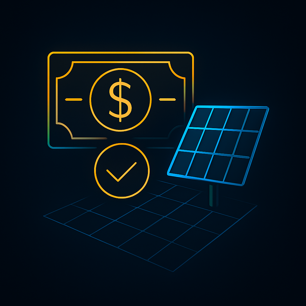 Graphic showing solar power with a pricing icon and checkmark to represent cost-saving energy features.