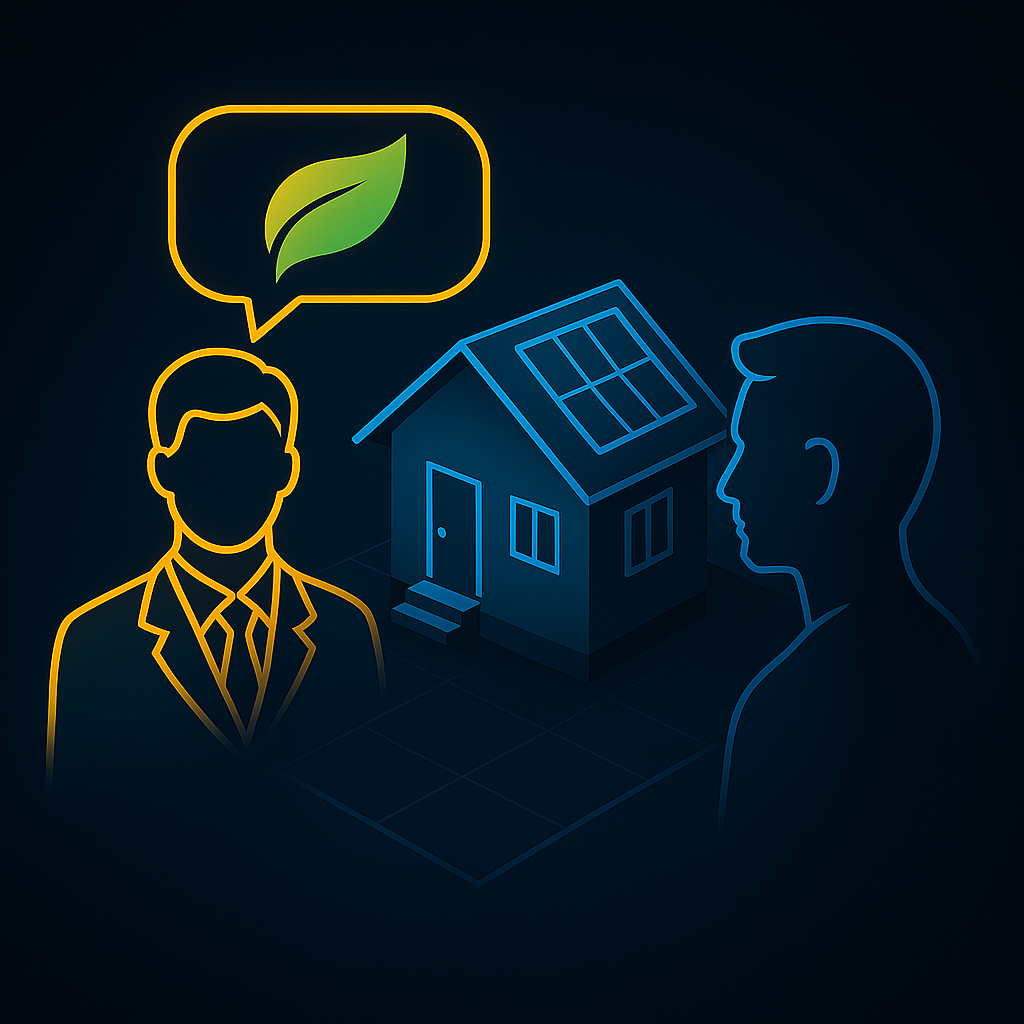 A real estate agent discussing energy-efficient home features with a buyer.