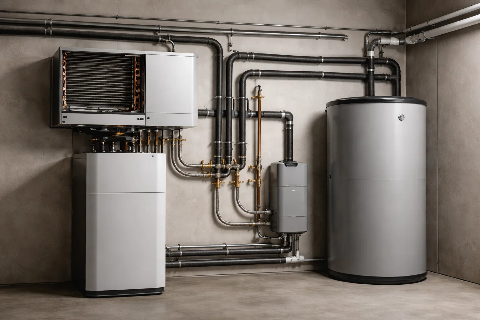 Indoor mechanical area showing heat pump components and refrigerant lines installed neatly inside a residential home.