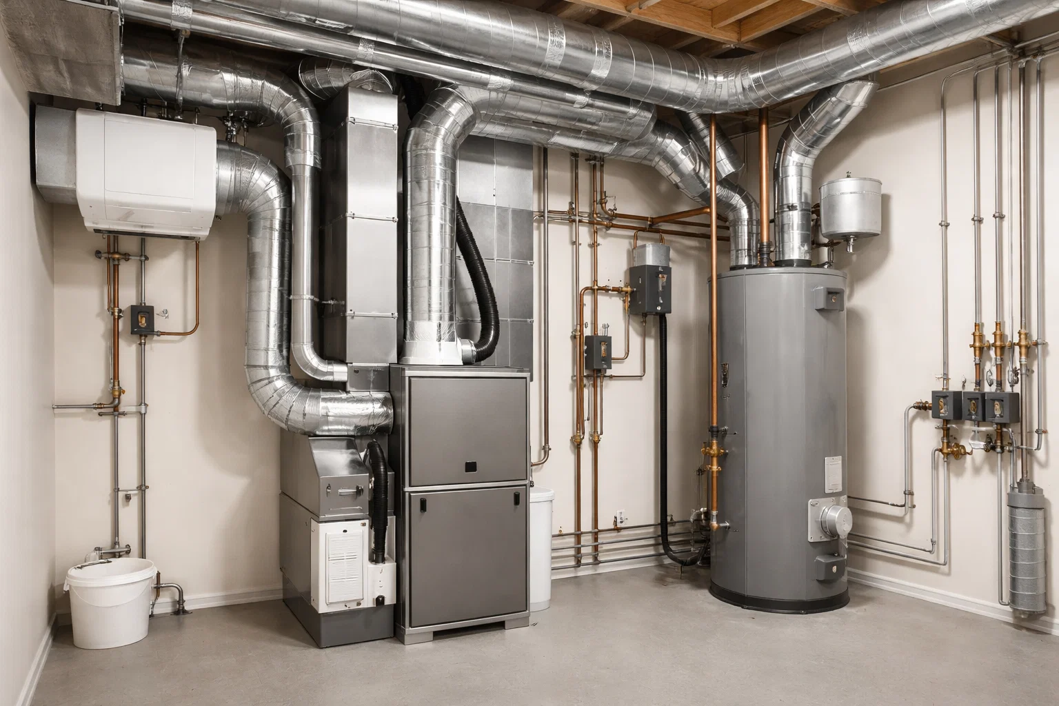 Residential mechanical room with ventilation ducts and equipment installed within the home.