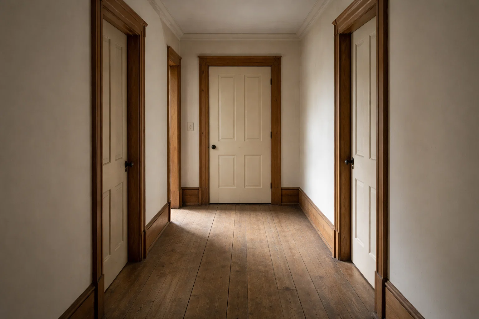 Long, narrow hallway in an older Connecticut home with wood trim and closed doors, illustrating how historic layouts can contribute to cold, drafty interior spaces.