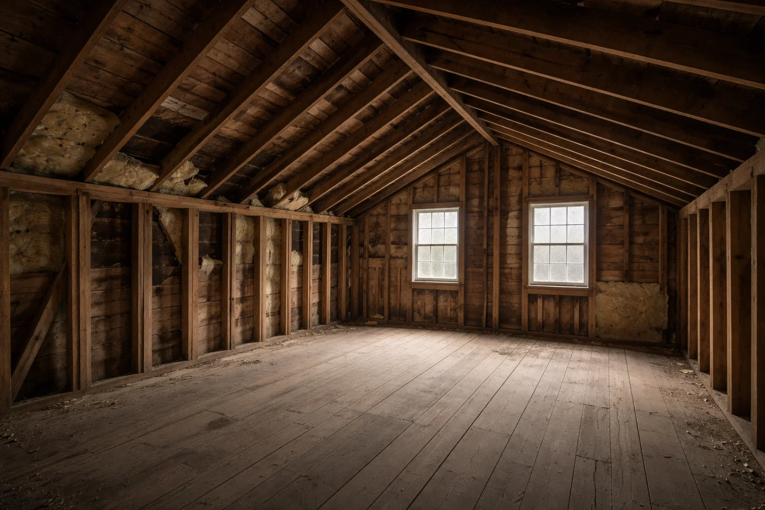 Unfinished attic with exposed framing and minimal insulation, showing common heat loss conditions in older Connecticut houses before weatherization upgrades.