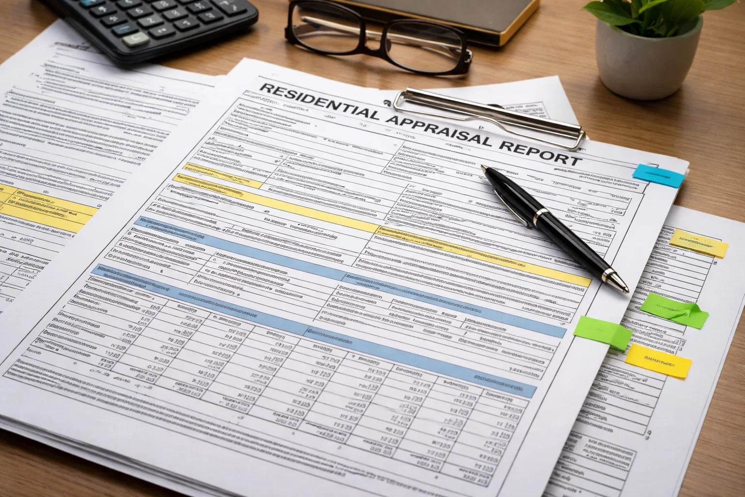 Printed residential appraisal forms laid out on a desk with highlighted sections.