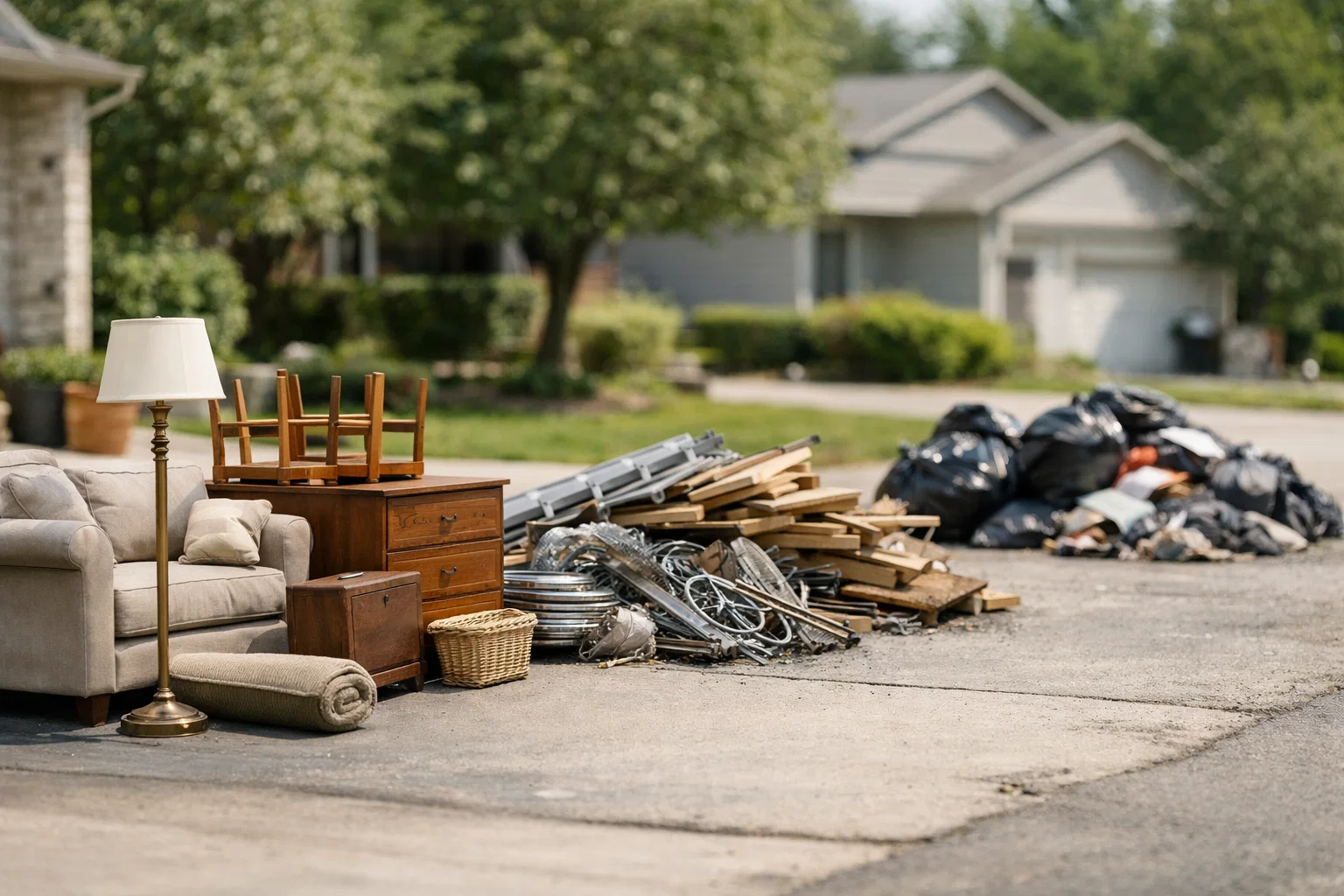 Household items separated for reuse, recycling, and disposal during a Connecticut home clean-out, reflecting the state’s waste hierarchy.
