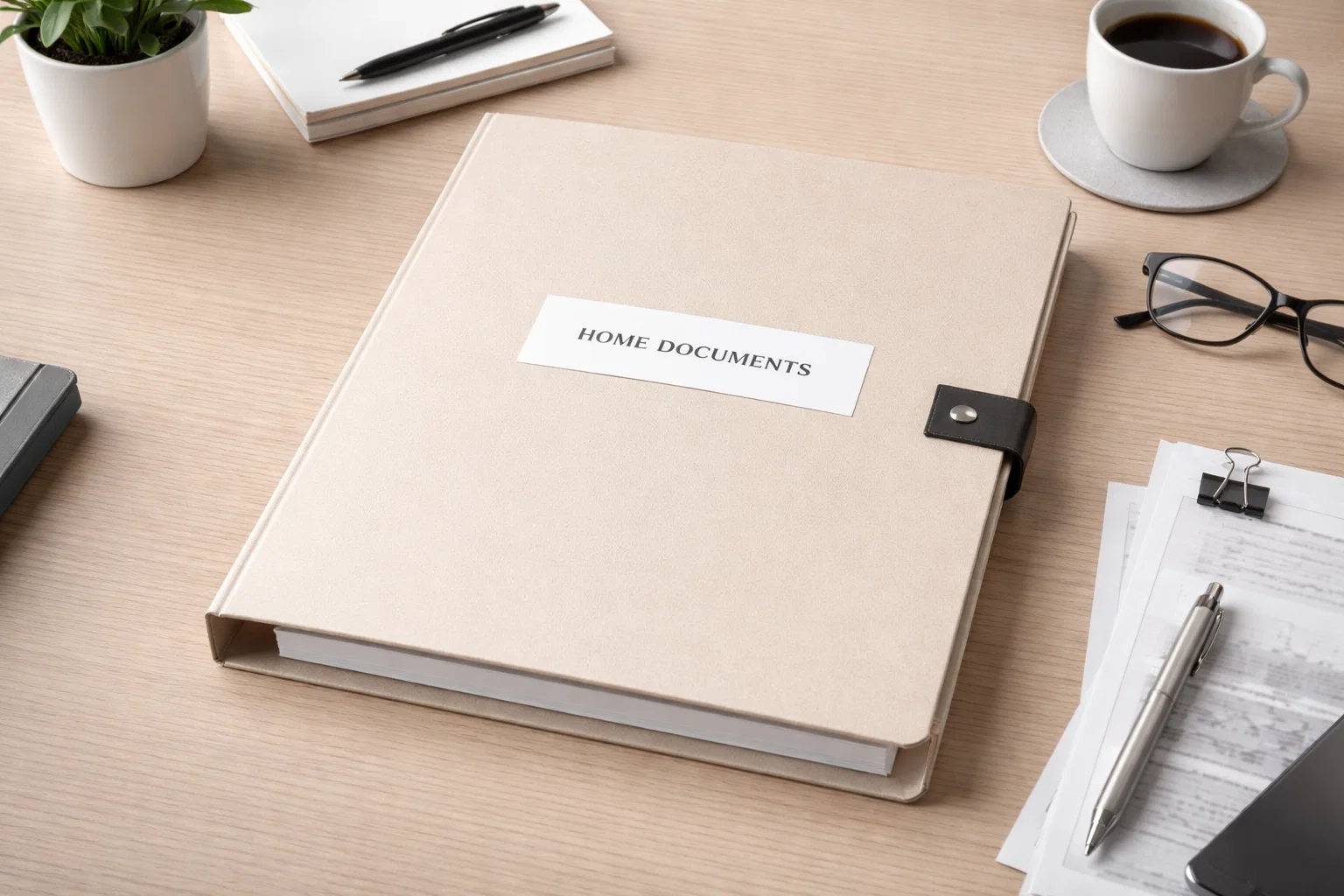 Organized folder containing home energy documentation arranged on a professional workspace.