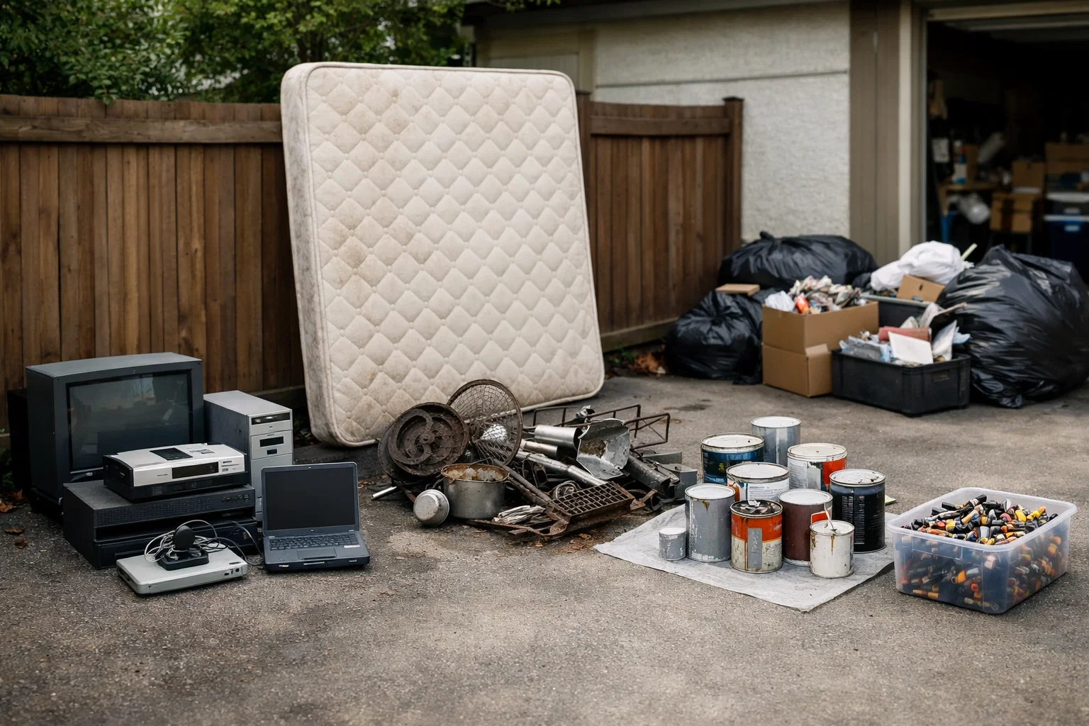 Separated household materials such as electronics, mattresses, metal items, and paint prepared for recycling during a Connecticut home clean-out.