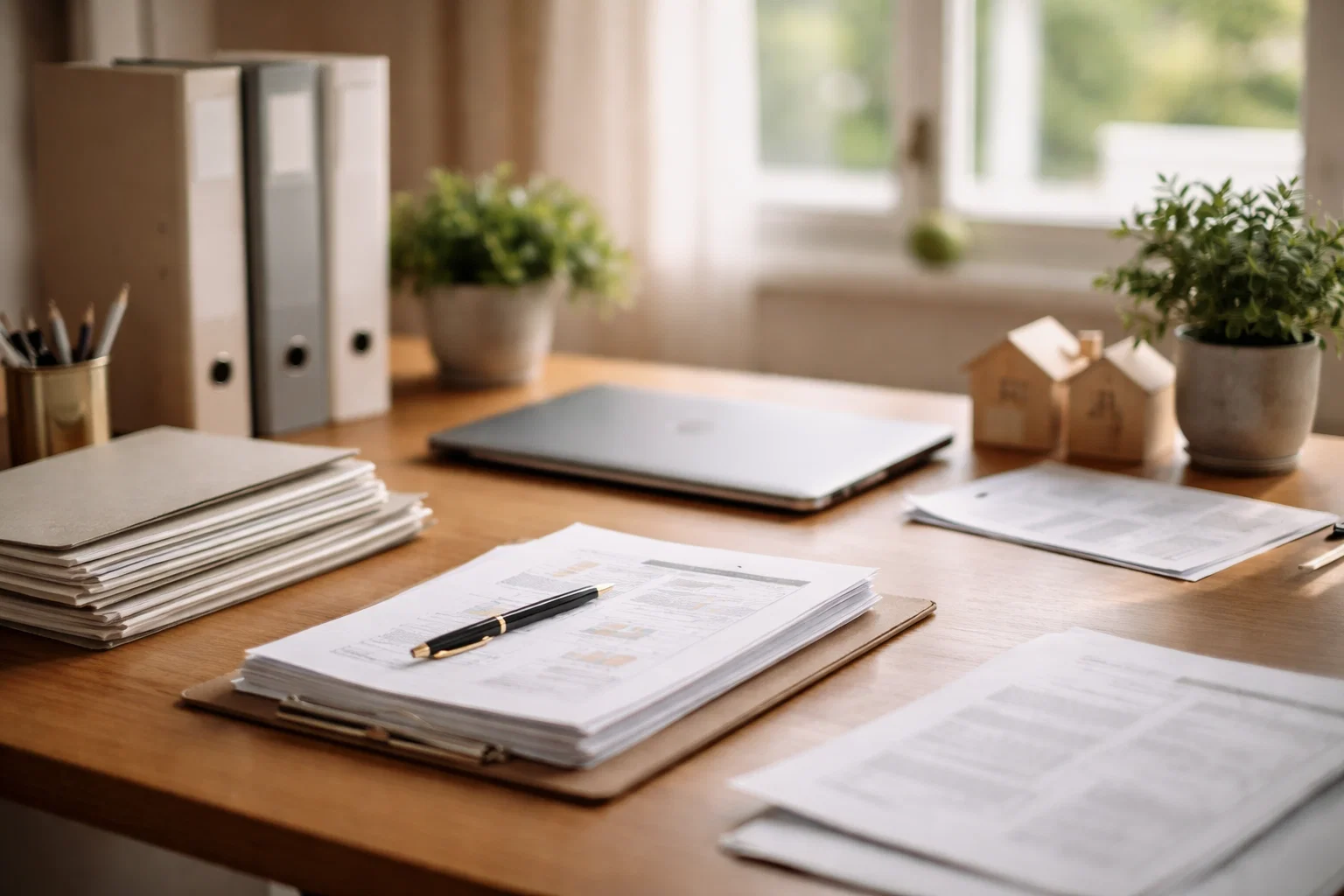 Organized paperwork and folders on a desk representing home energy information prepared for review.
