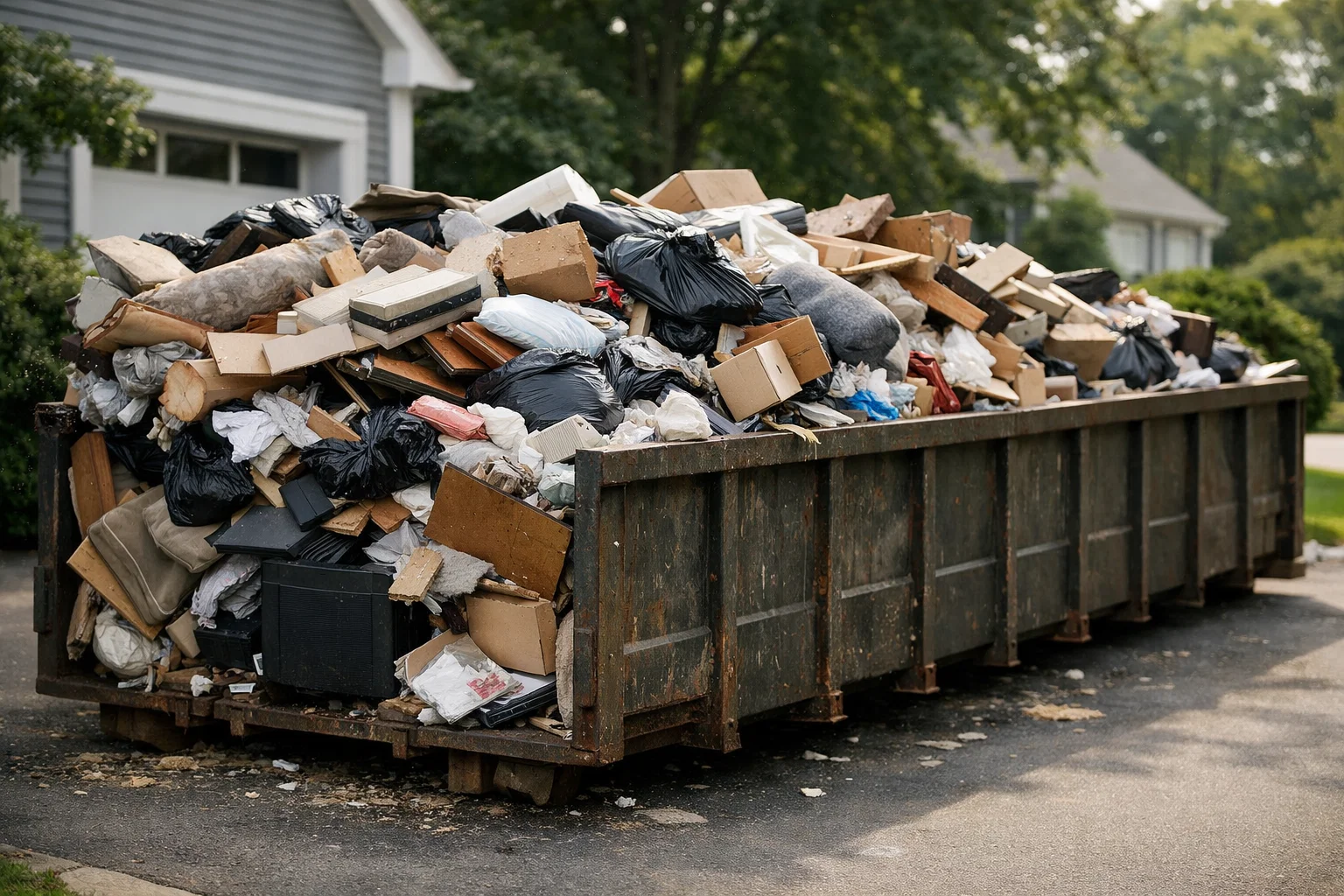 Large dumpster filled with household materials during a Connecticut home clean-out, illustrating how waste is concentrated into a short time period.