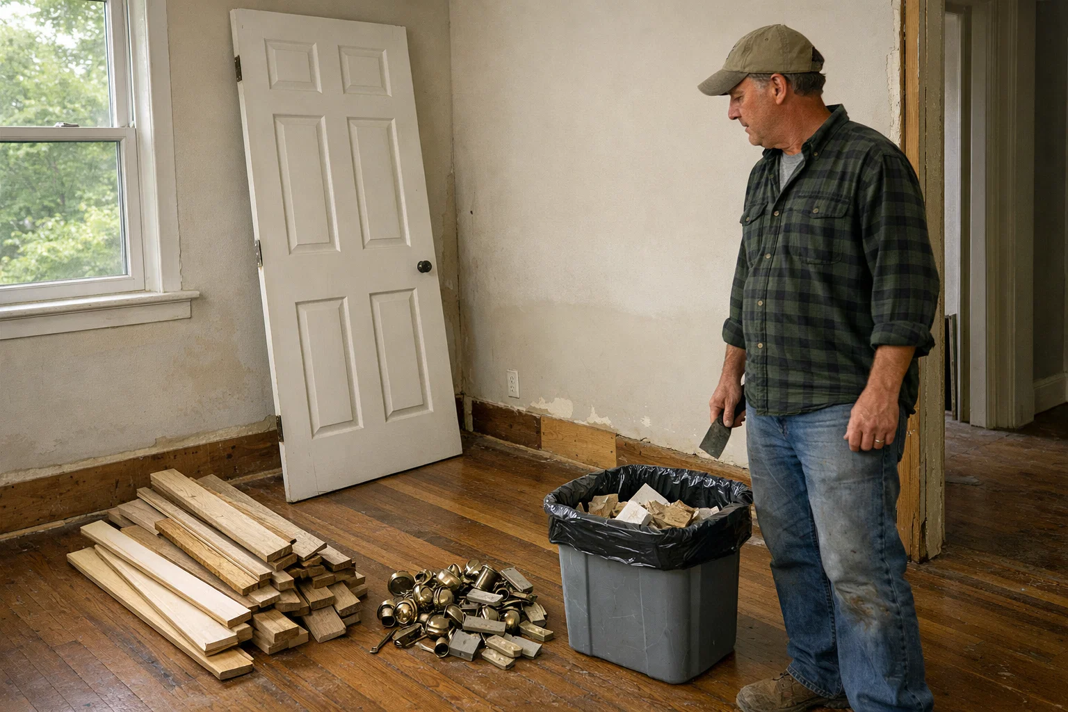 Homeowner standing in a partially renovated room, sorting removed wood trim and hardware into reusable and discard piles of construction waste in Connecticut during pre-sale home preparation.