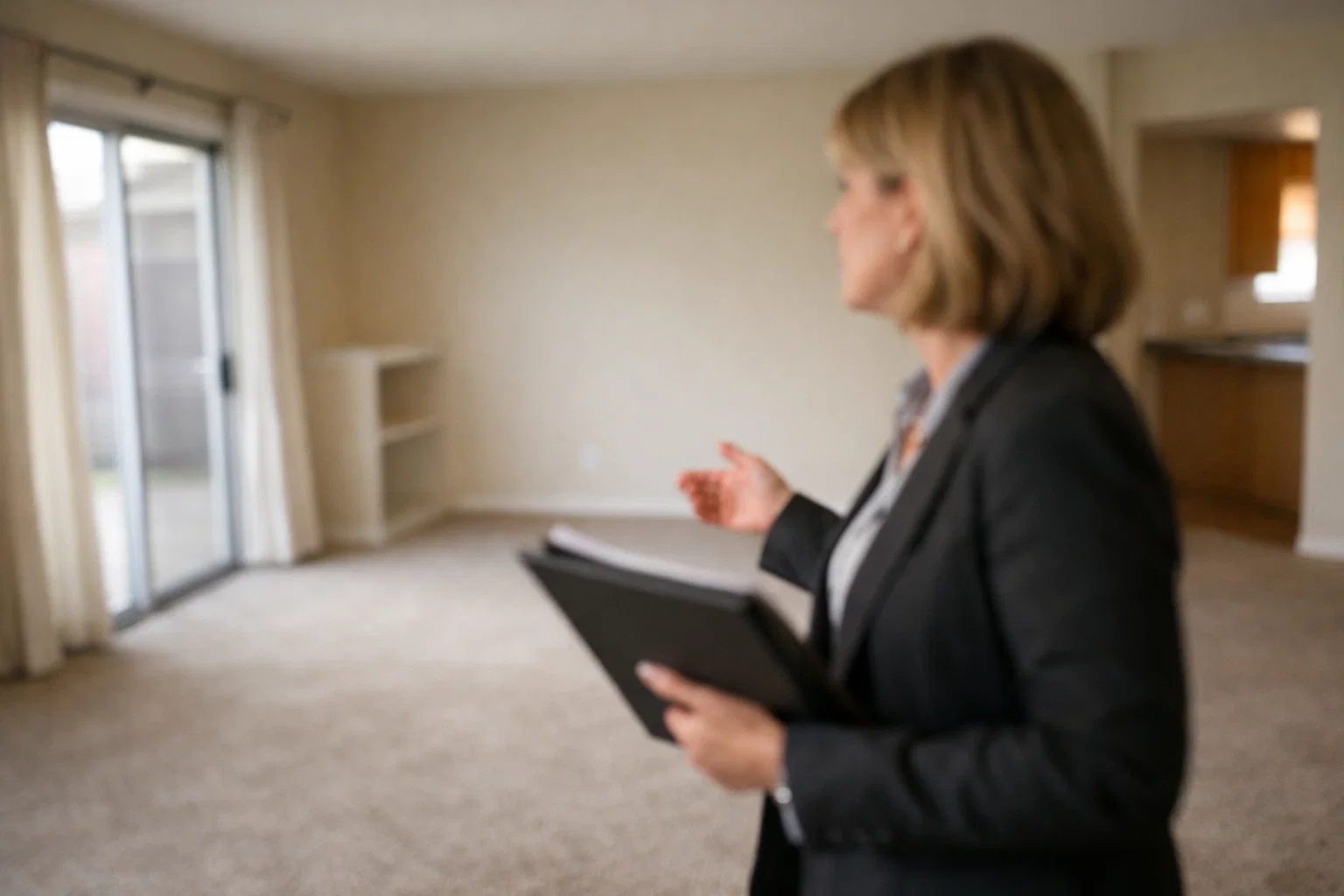 Real estate agent reviewing documents in an empty living room during a home evaluation.