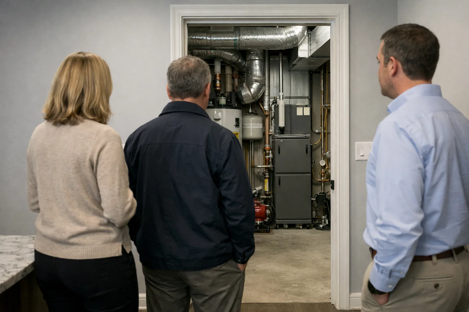 View into a residential mechanical room during a home showing with equipment visible in the background.