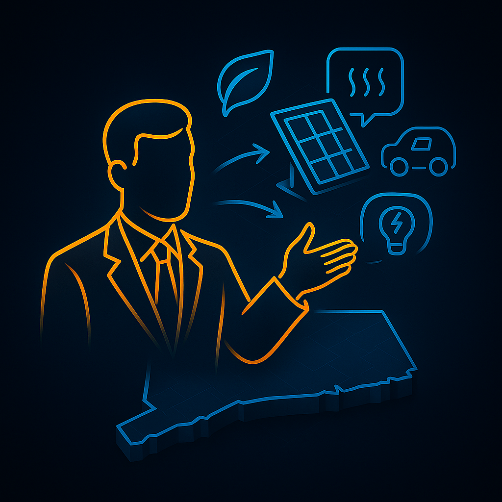 Illustration of a real estate agent explaining solar panels, heat pumps, and EV charging features.