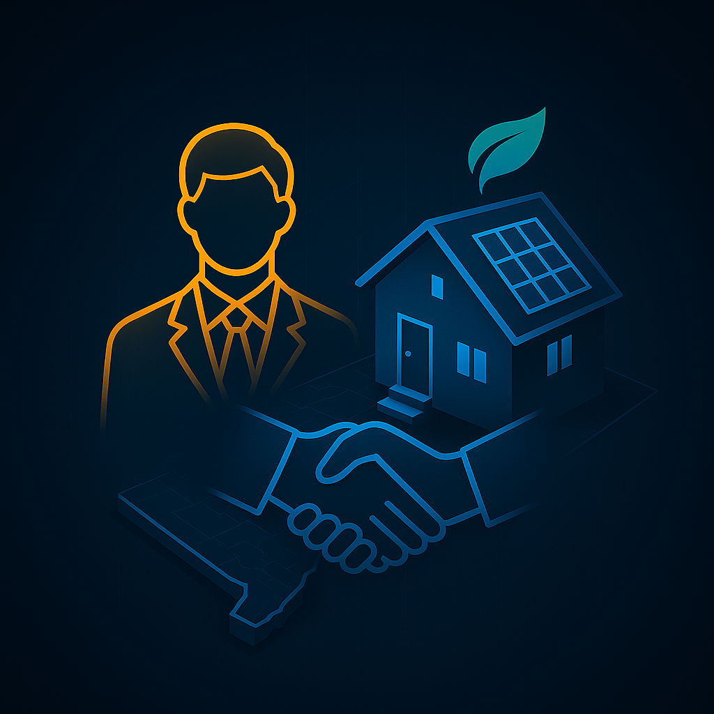 Handshake in front of a home with solar panels, symbolizing trust and energy-efficient upgrades.