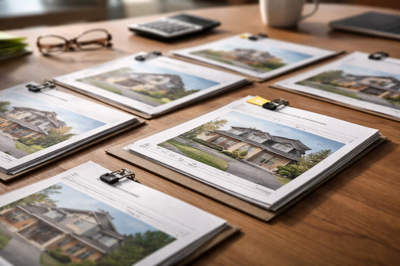 Real estate property listing information organized on a desk.