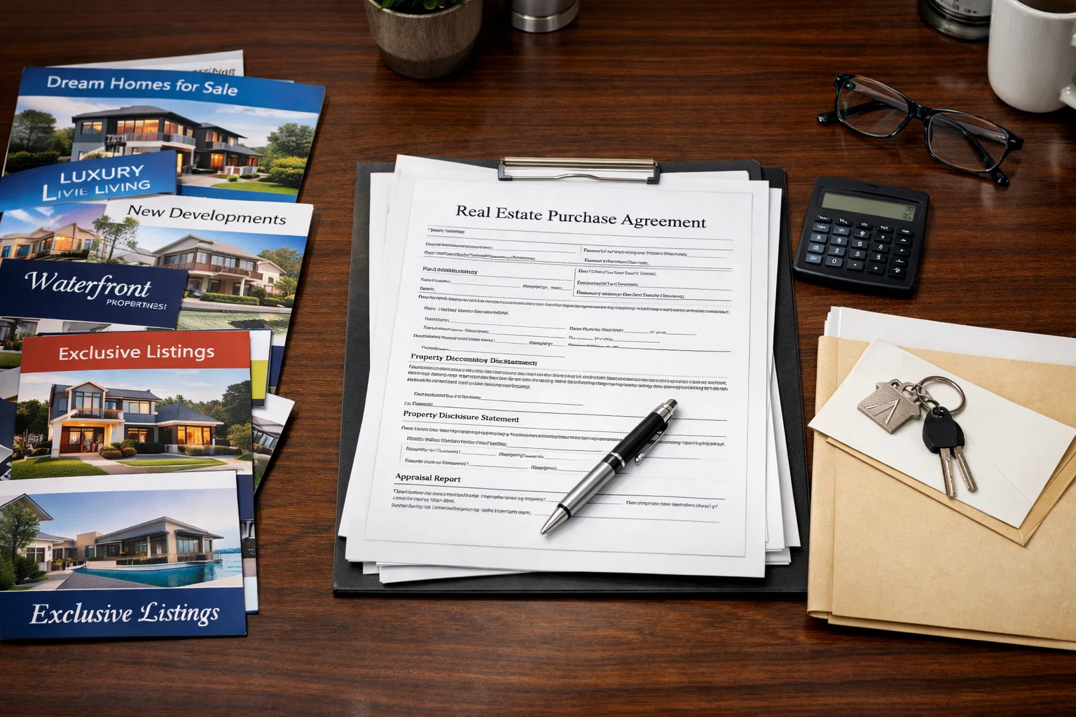 View of an assortment of real estate marketing materials and official real estate documents