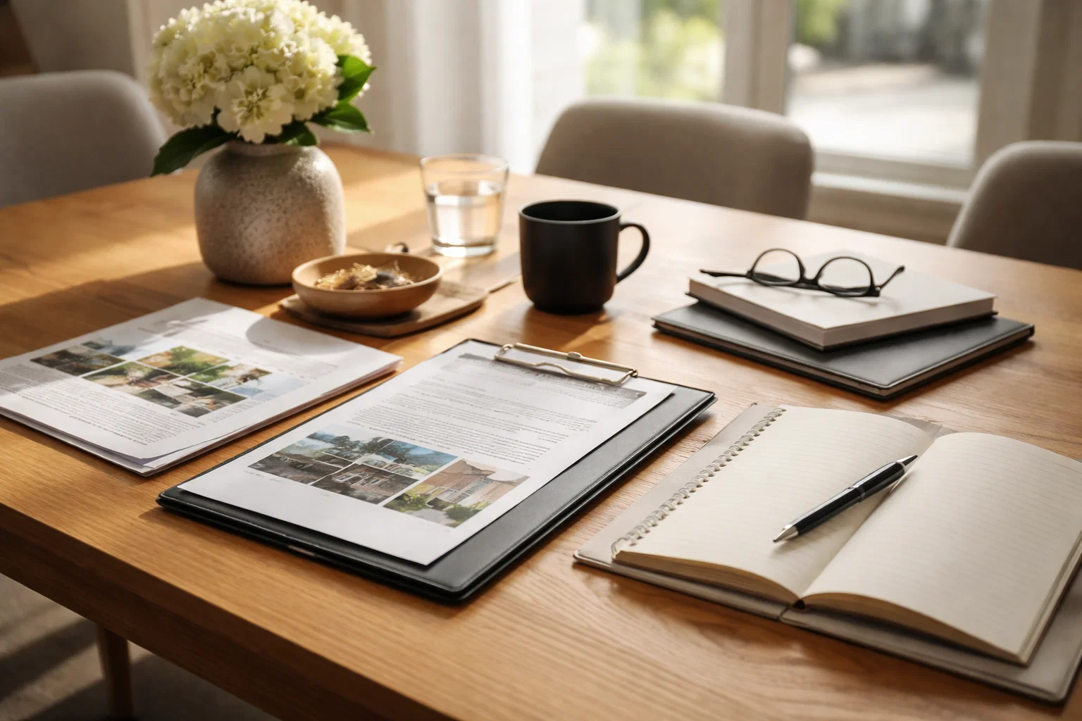 Documents and notes prepared on a table before listing a home for sale.