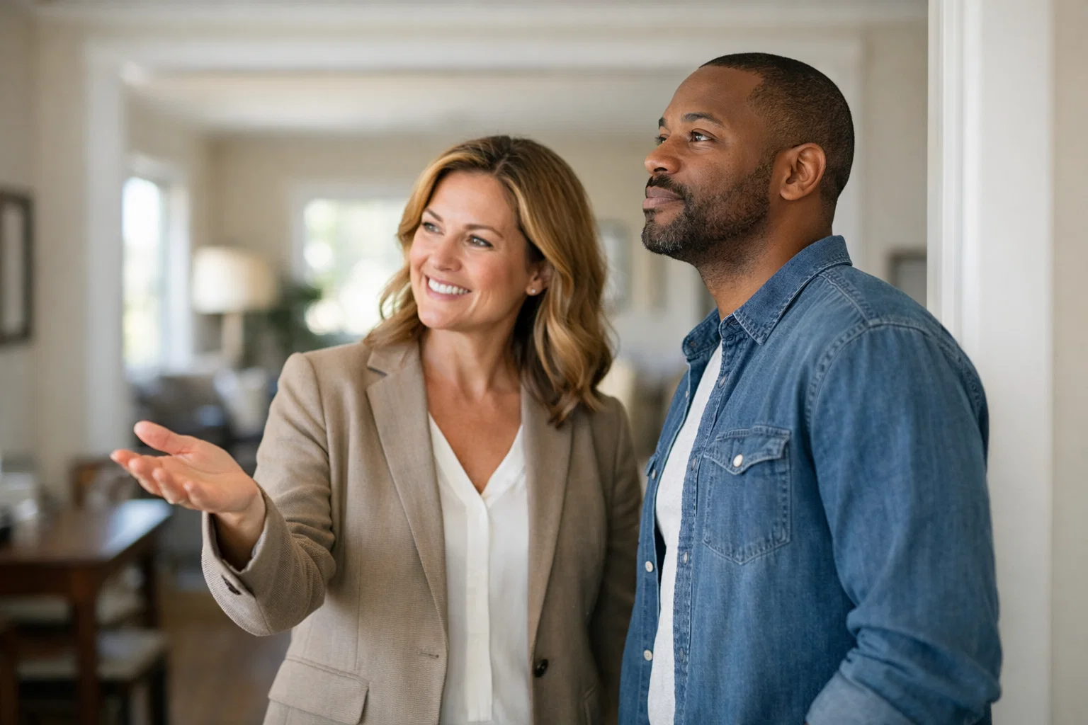 Real estate agent explaining how a room feels to a buyer during a home showing using simple, observational language.