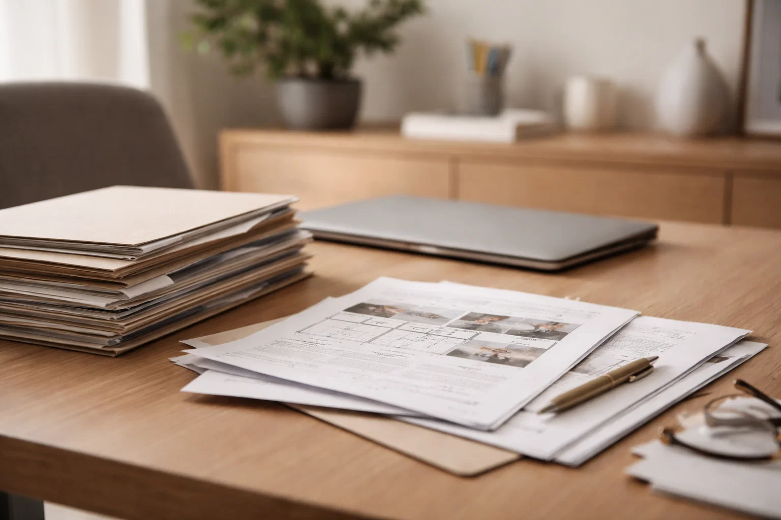 Real estate workspace with organized documents and folders used for evaluating a home.