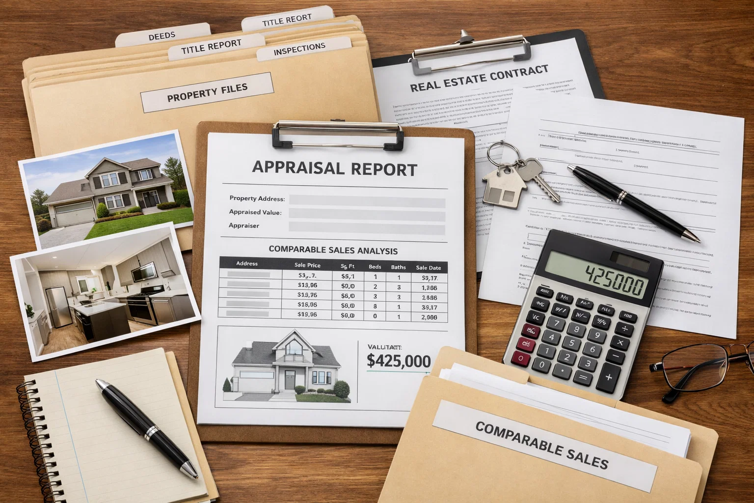 Real estate transaction workspace with organized appraisal documents and property photos.