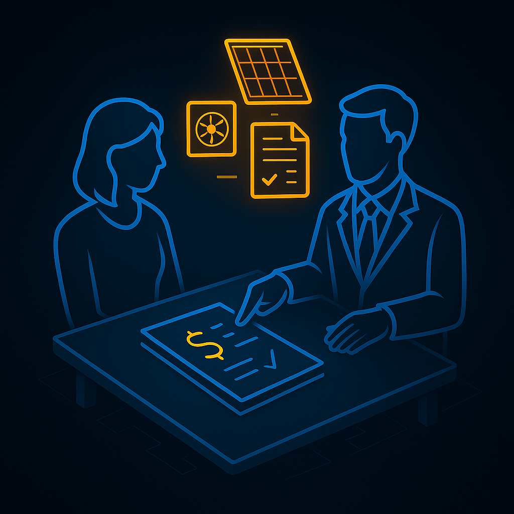 Realtor reviewing home energy features and pricing details with a client.