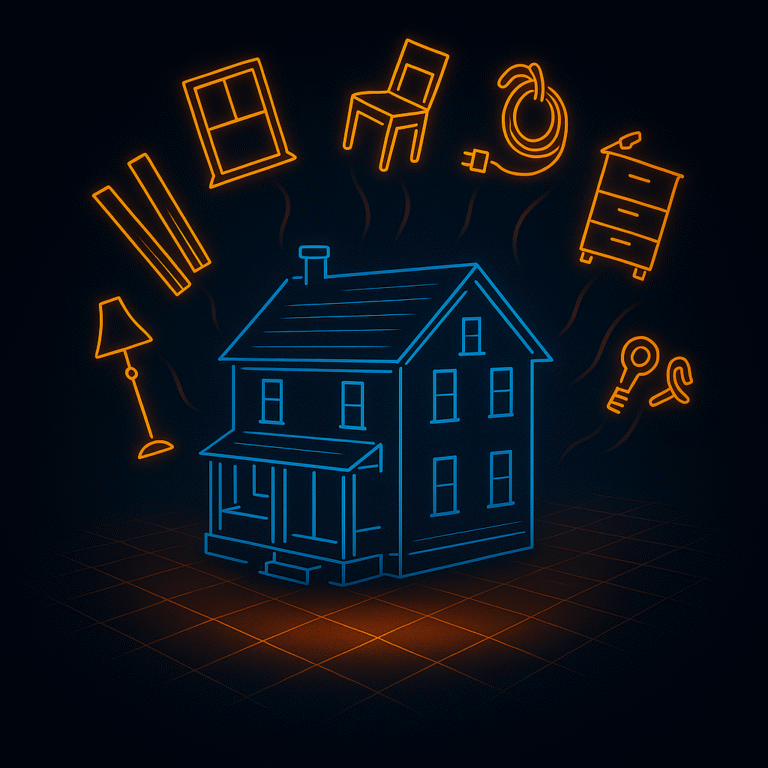 Neon line-art illustration of an older two-story home with glowing recycled materials rising around it, in CSC’s blue-and-orange style, symbolizing responsible cleanout recycling.