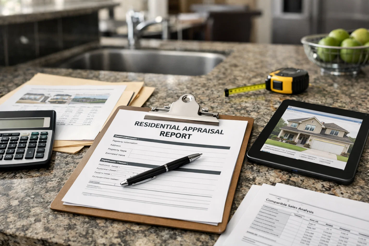 Residential appraisal workspace with paperwork, clipboard, and tablet arranged on a kitchen counter.