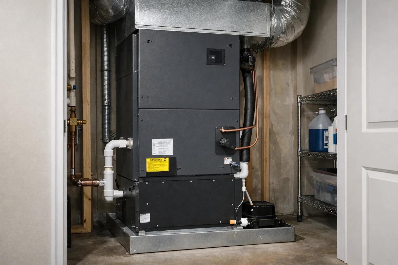 Residential air handler unit installed in a basement utility space as part of a heating and cooling system.