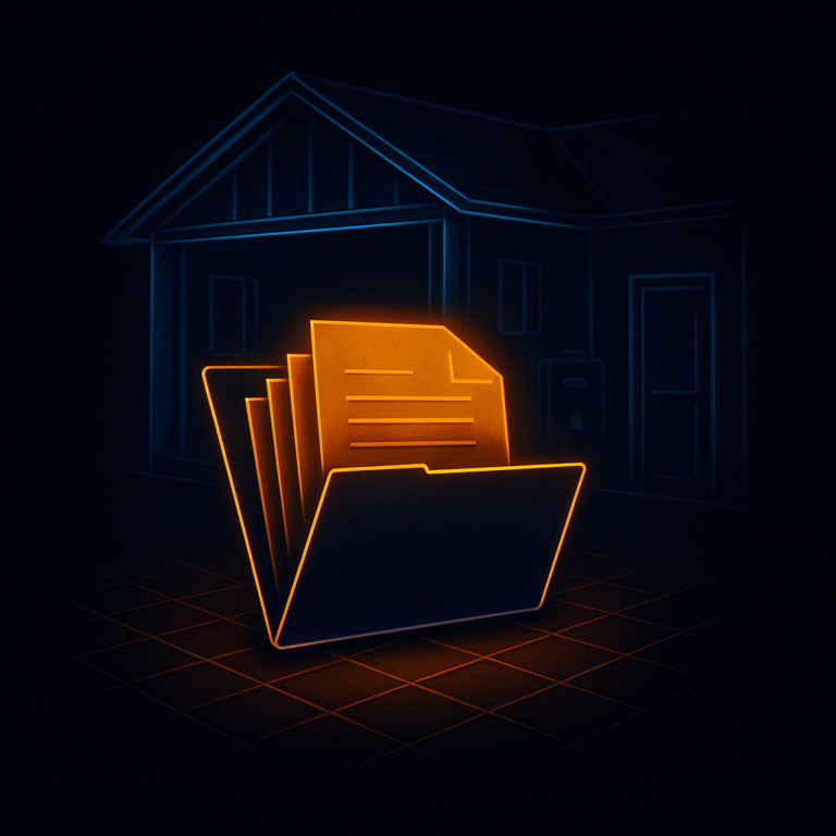 Neon line-art illustration of an open glowing folder in front of a blue-outlined home interior cutaway, symbolizing organized documentation of energy upgrades for appraisers.