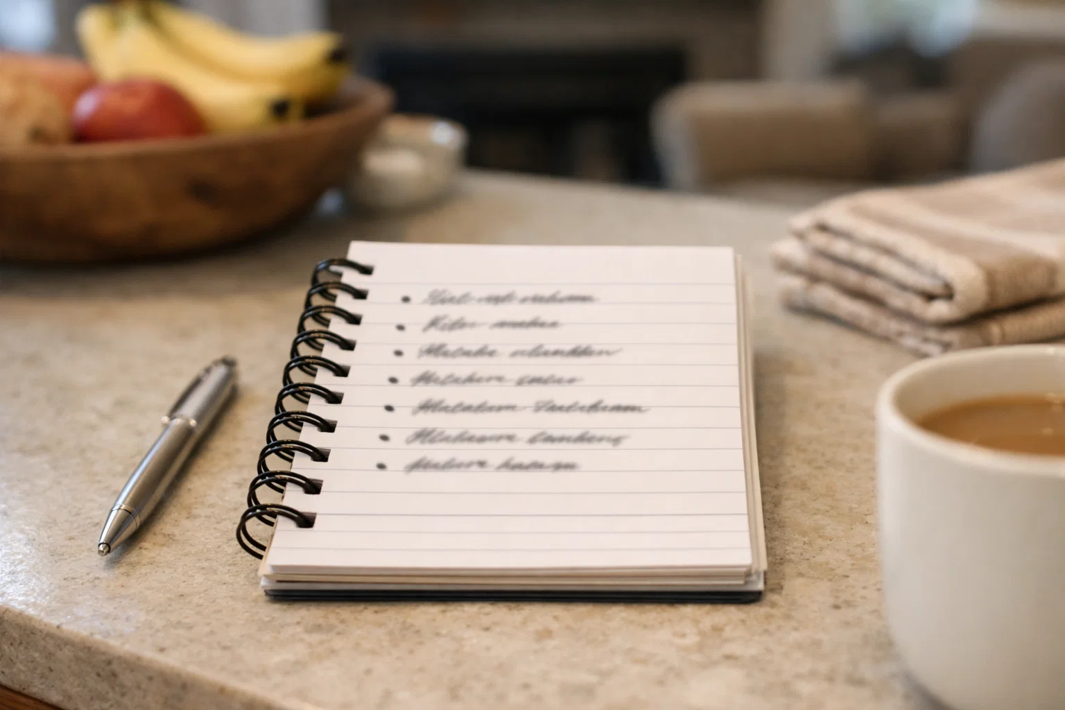 Notebook and pen on a kitchen counter with household items in the background, suggesting preparation for a clear, plain-language explanation of home systems during a property showing.