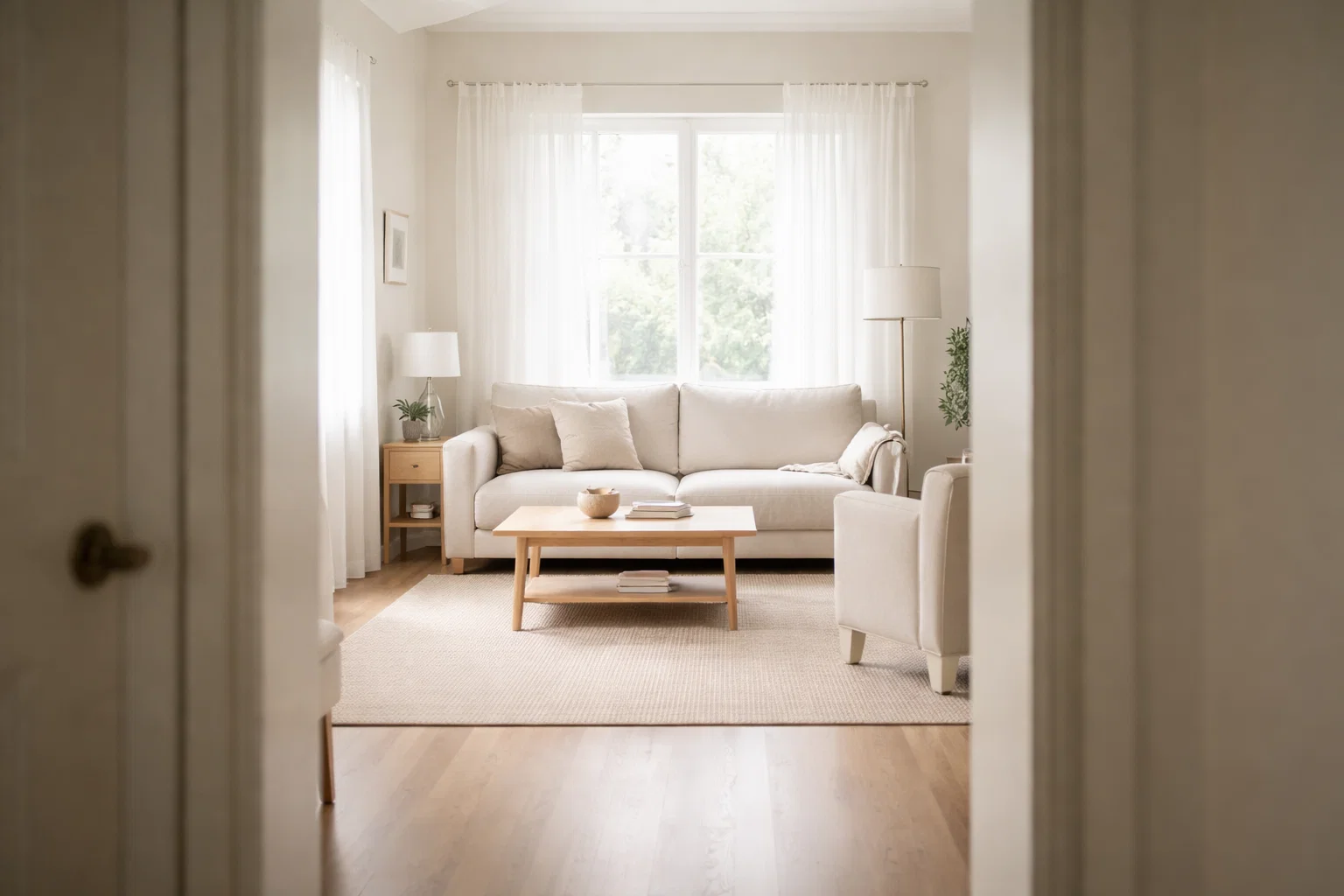 Quiet home interior seen from a doorway, showing a space that feels clear and easy to understand during a walkthrough.