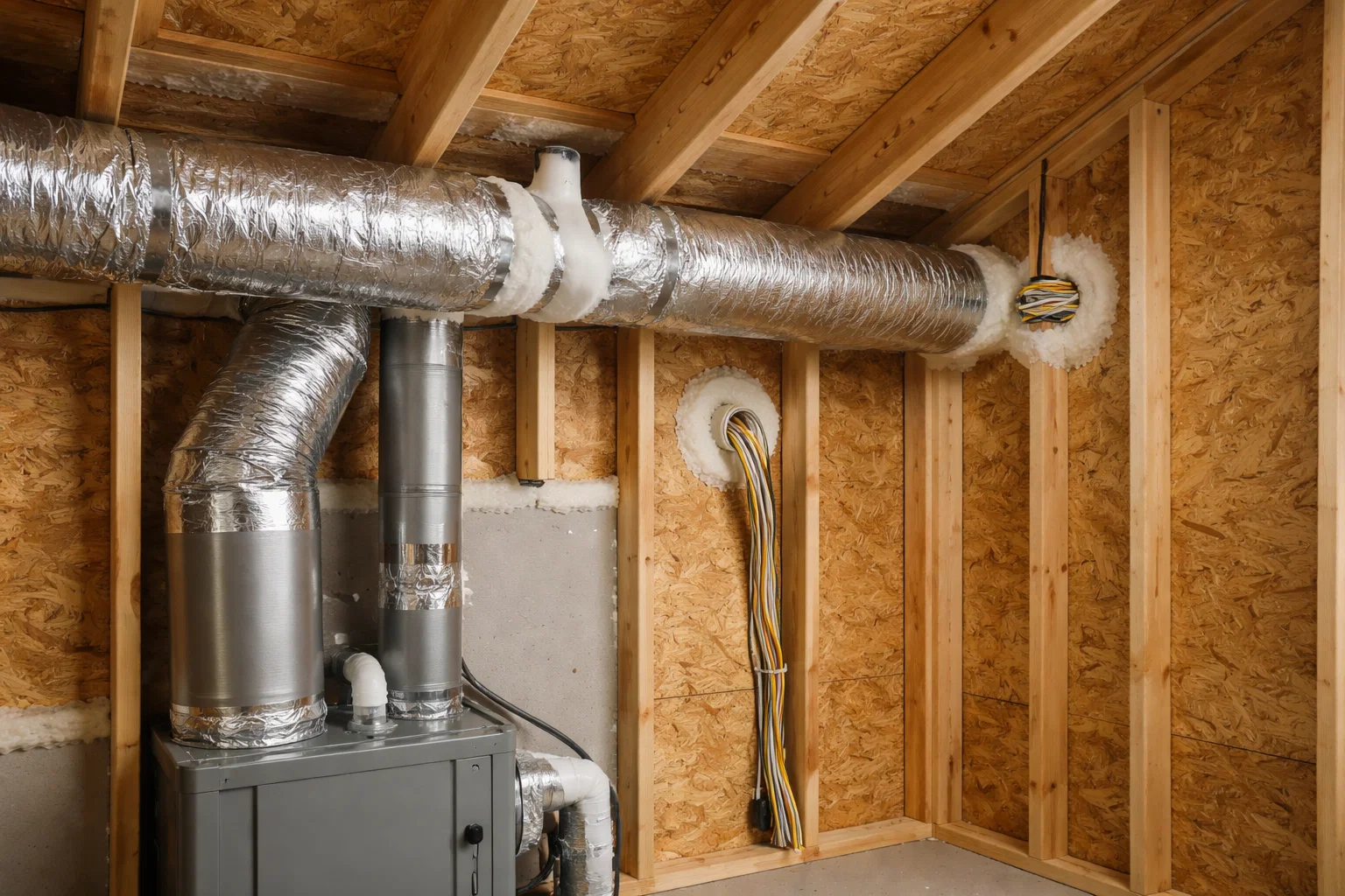 Unfinished attic space showing framing, penetrations, and sealed joints within a residential building.