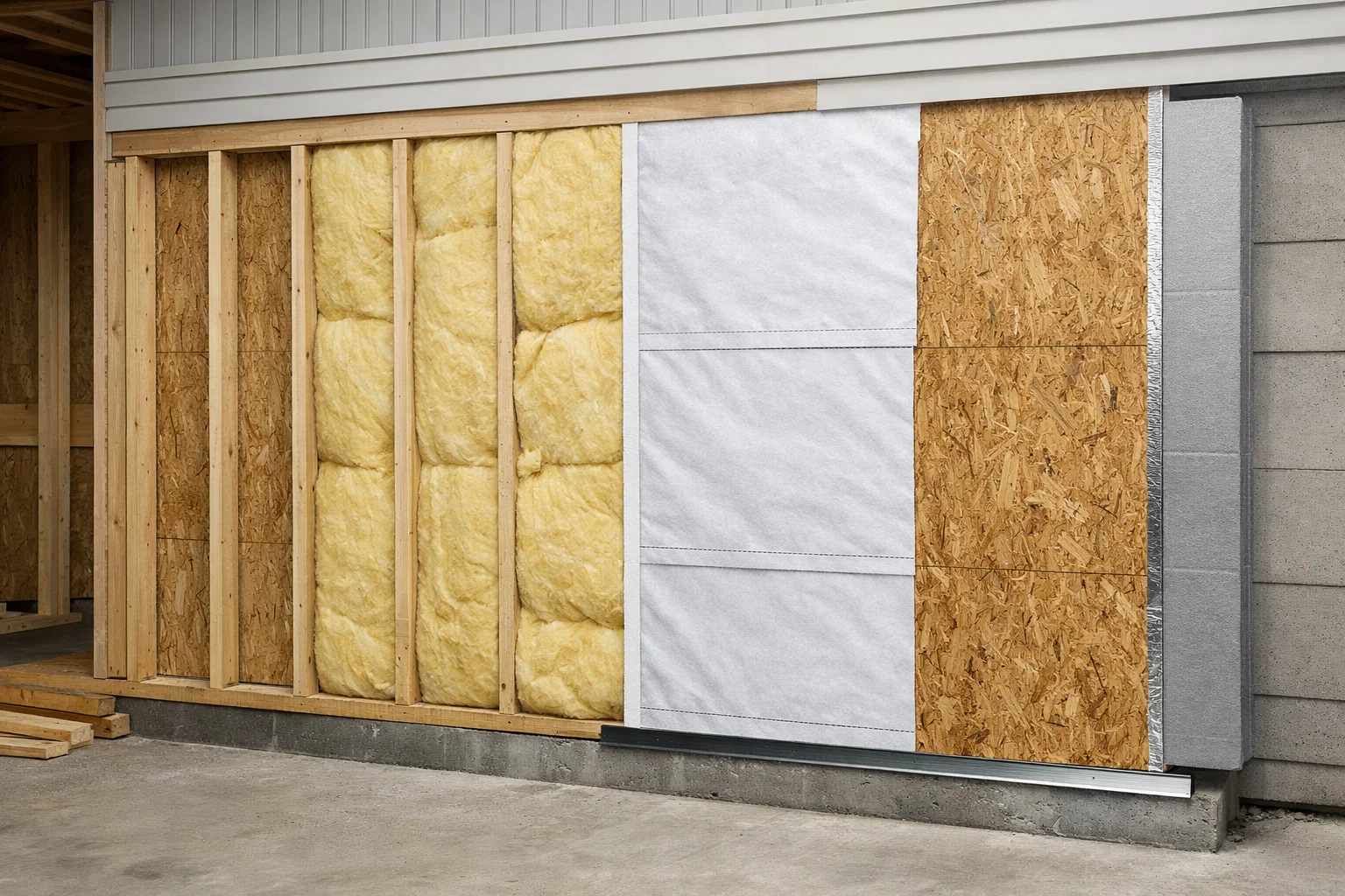 Partially constructed residential wall assembly showing multiple layers before exterior finishes are installed.