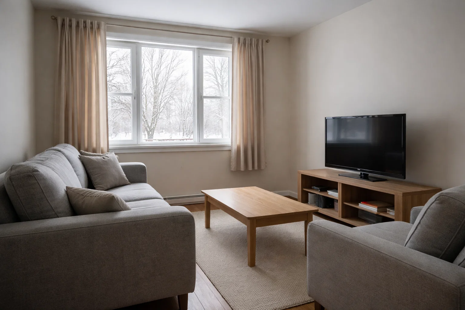 Modest living room with winter light coming through the windows, representing how Connecticut energy rebates help improve comfort and warmth in older homes.
