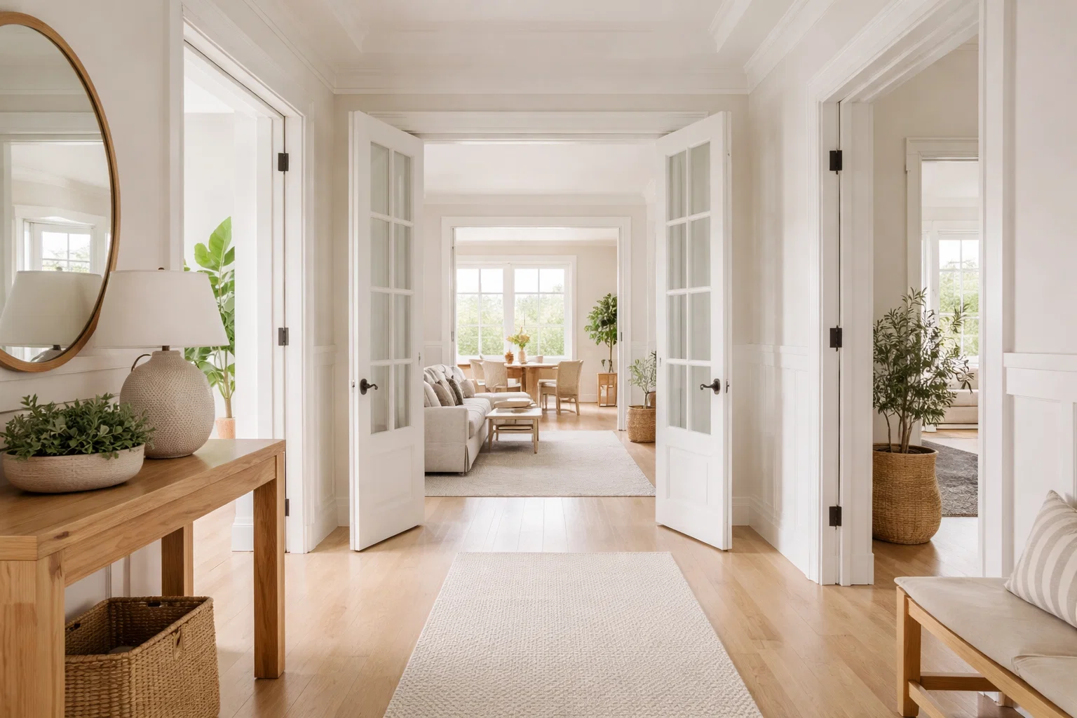 Bright residential hallway opening into living spaces, illustrating how agents guide through a home.
