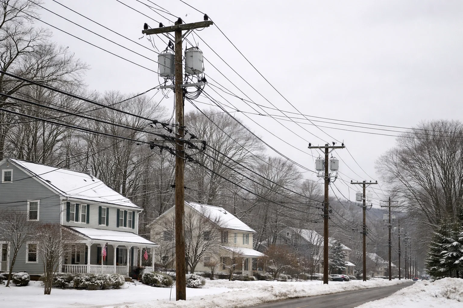 Neighborhood power lines and utility poles near Connecticut homes under an overcast winter sky.