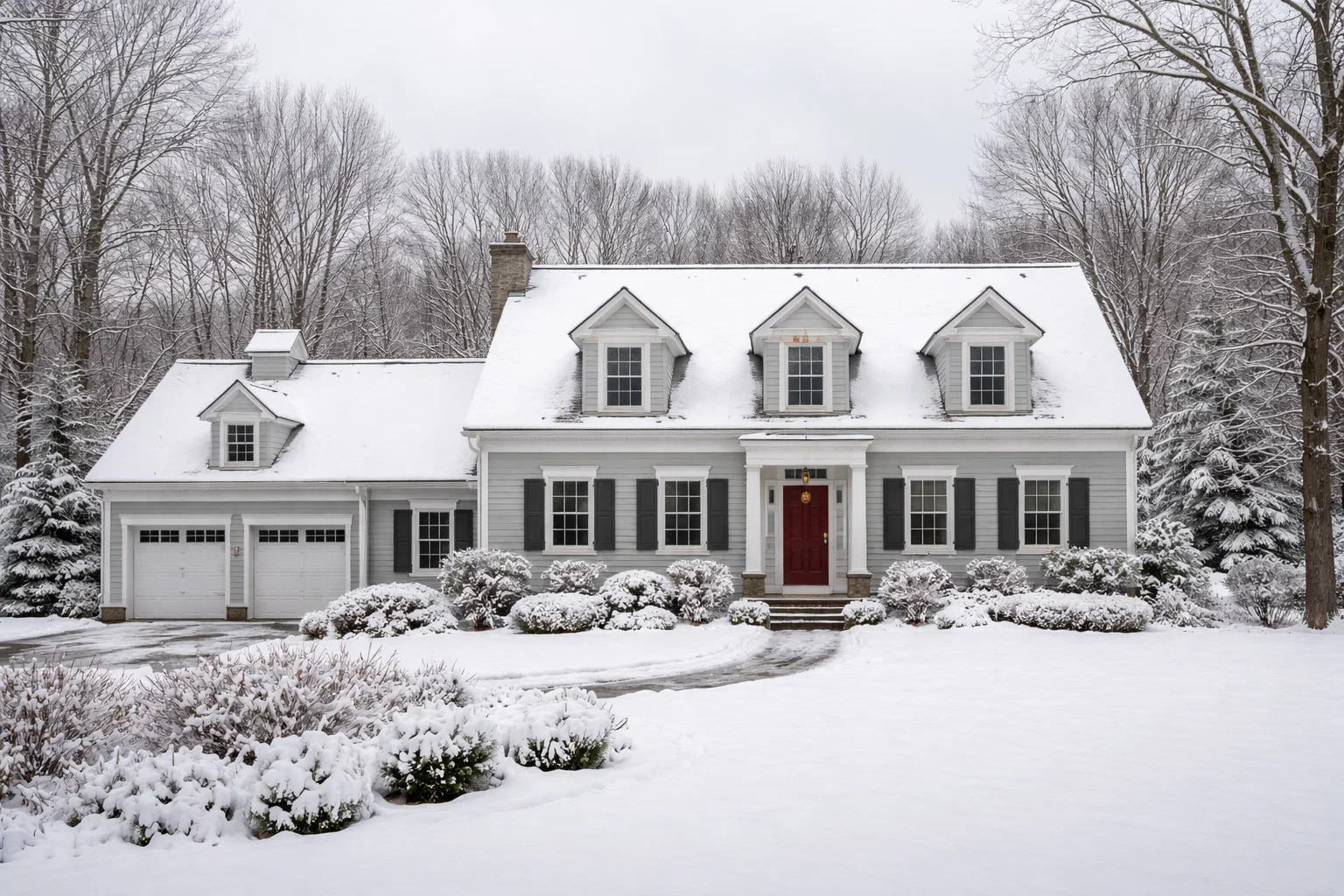 Exterior view of a Connecticut single-family home in winter with bare trees and overcast sky.