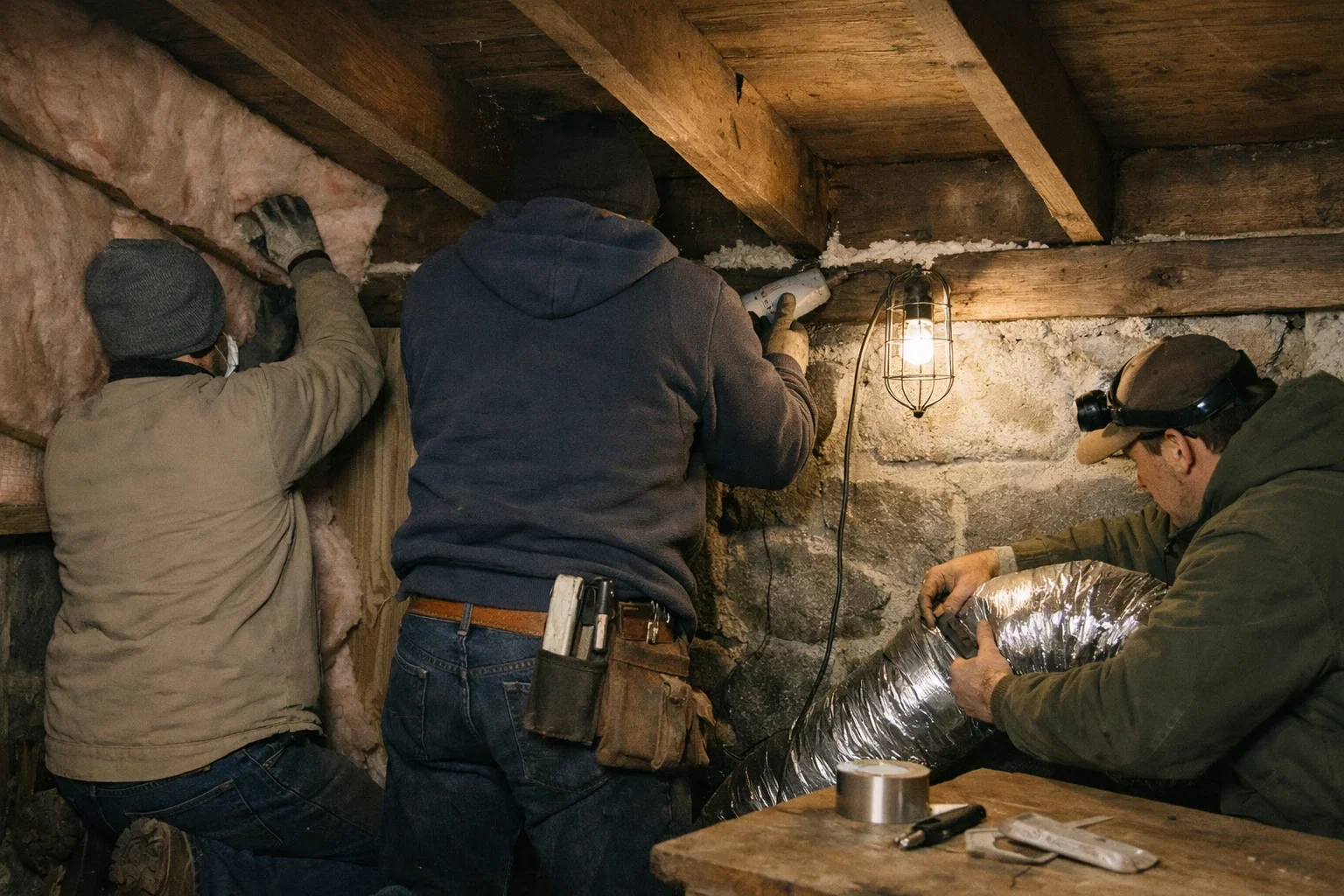 Retrofit workers installing insulation and sealing ductwork inside an older Connecticut home, focused on improving the building envelope and indoor air quality.