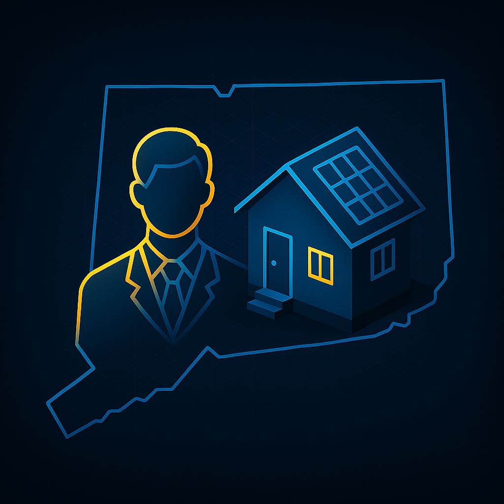 CT map with a real estate agent icon and an energy-efficient home.”