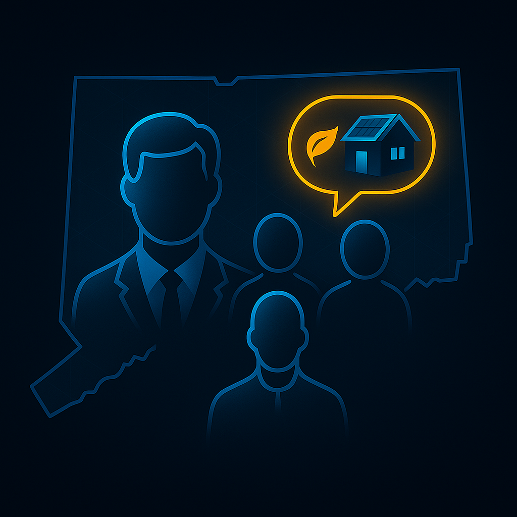 Real estate team inside a Connecticut outline discussing a sustainable home.