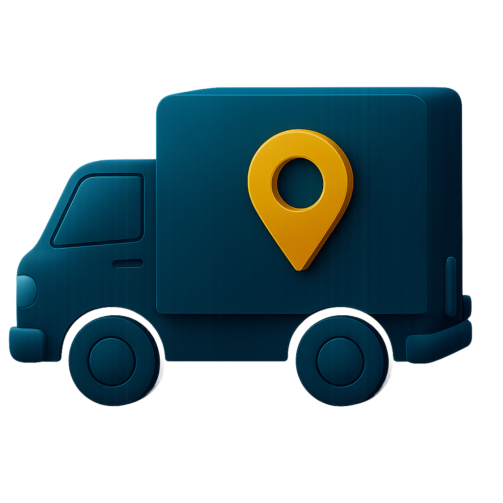 Moving truck icon with location symbol.