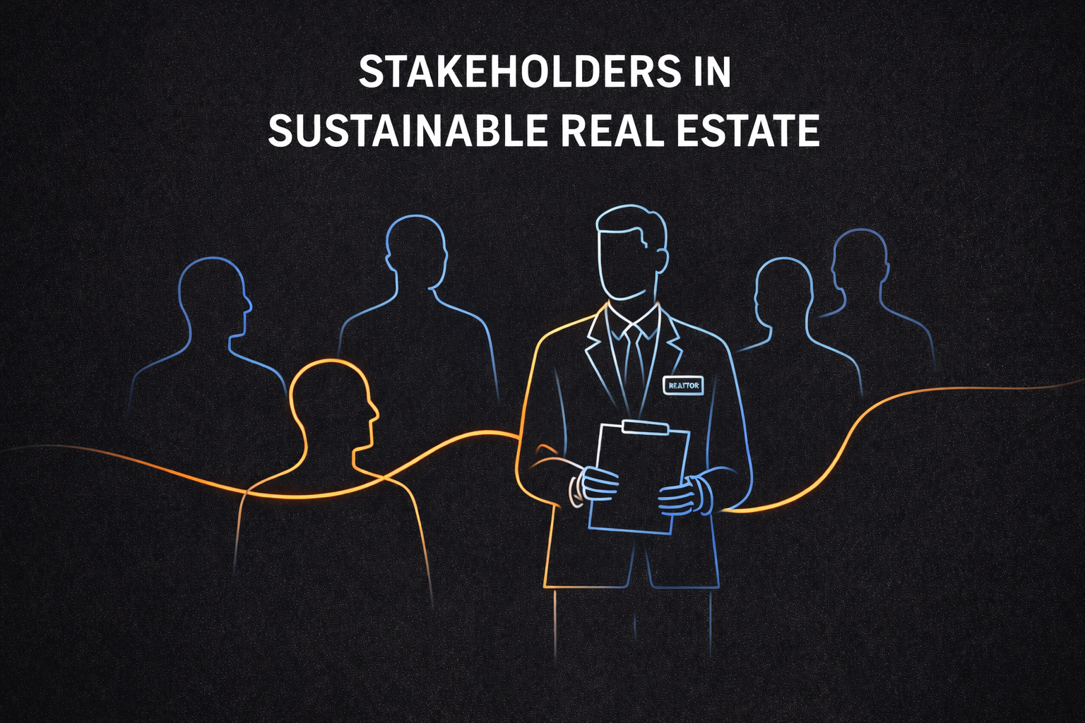 Course thumbnail for STAKEHOLDERS IN SUSTAINABLE REAL ESTATE showing a minimalist illustration of a real estate professional connected to multiple stakeholders, representing shared decision-making in sustainable real estate.